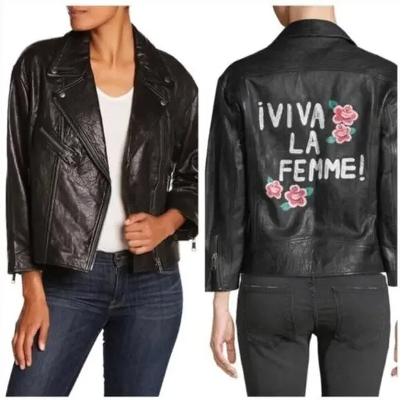 Joie Black Leather Moto Jacket Viva La Femme Graphic Print New Size S